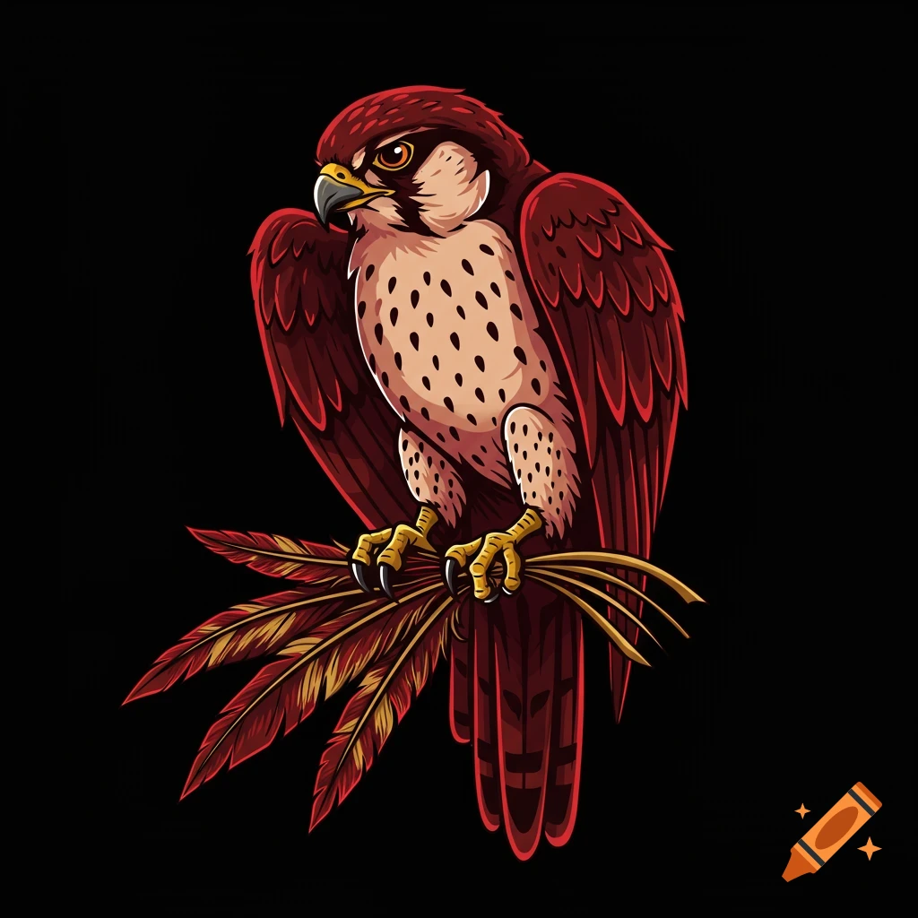 A stylized red and brown falcon with an aggressive expression, clutching tribal feathers.