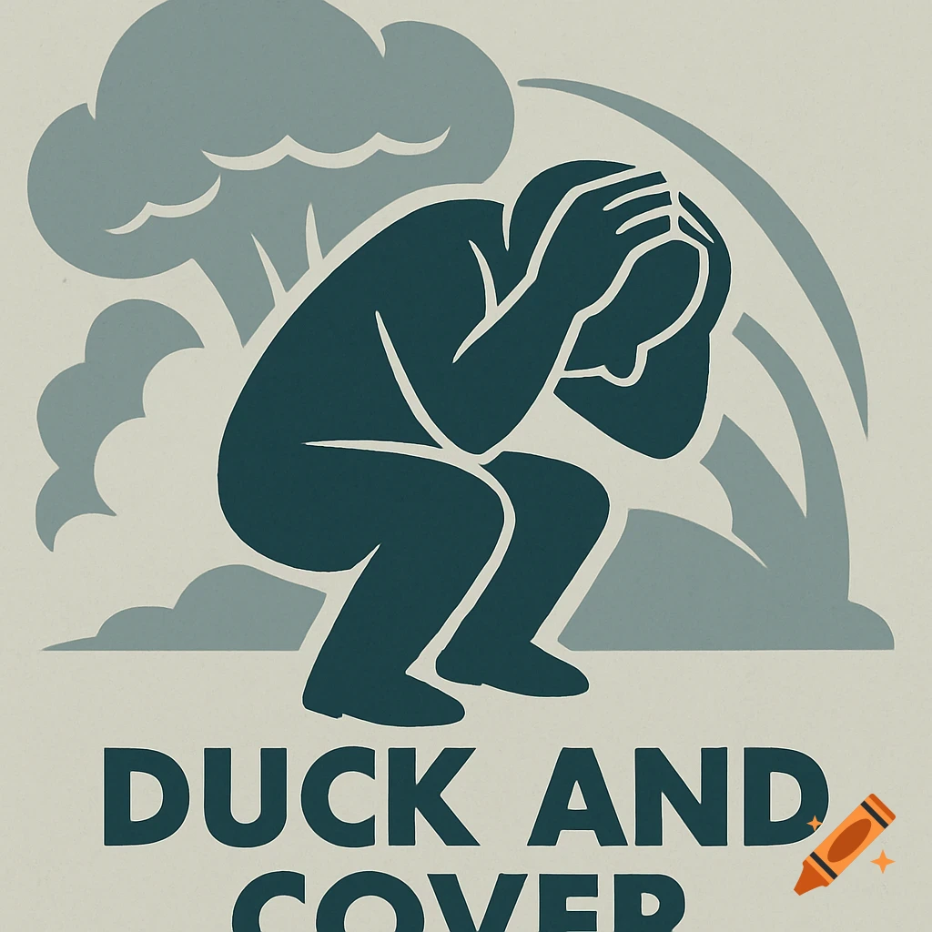 A graphic art poster showing a stylized person crouching with hands over head, with cloud-like shapes behind them. The text 'DUCK AND COVER' is below the figure.