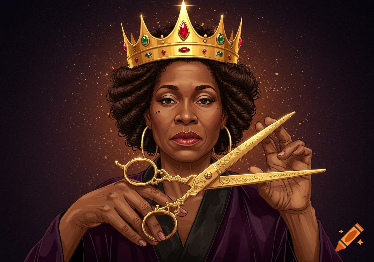 Illustrated portrait of a Black woman wearing a golden crown and holding ornate golden scissors.