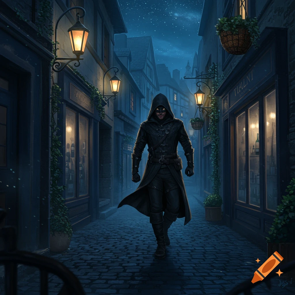 A hooded figure in dark armor and a cloak walks down a cobblestone alley lined with glowing lanterns and shop windows at night.