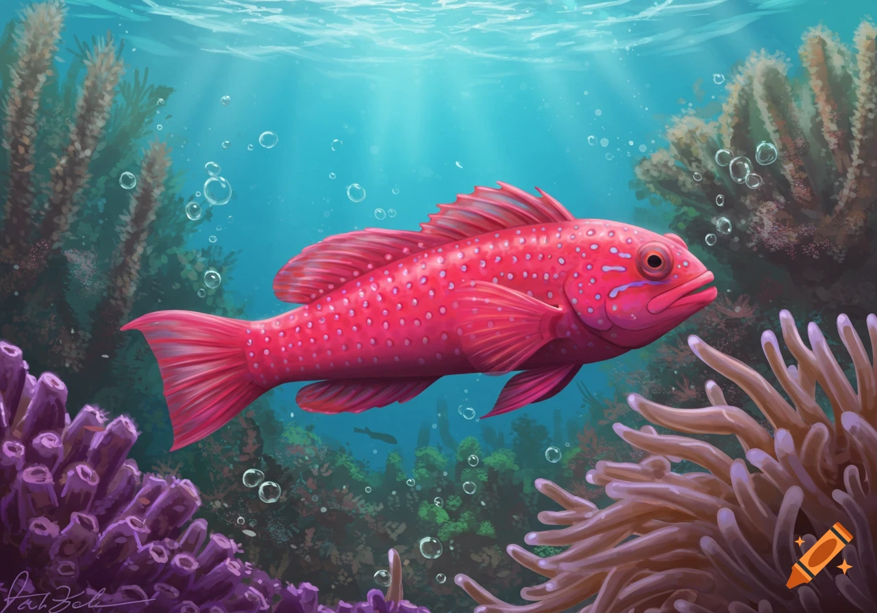 A vibrant red fish with white spots swims among colorful coral and sea plants in a sunlit underwater scene.