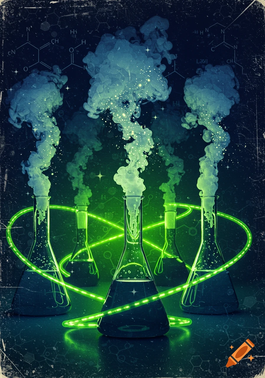 Several lab flasks emit glowing green and blue smoke with sparkles, connected by bright green light tubes. Chemical structures are faintly visible in the dark background.