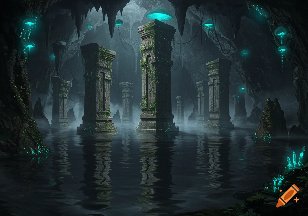 A mystical dark cave with moss-covered stone ruins in water, illuminated by glowing blue mushrooms and crystals.