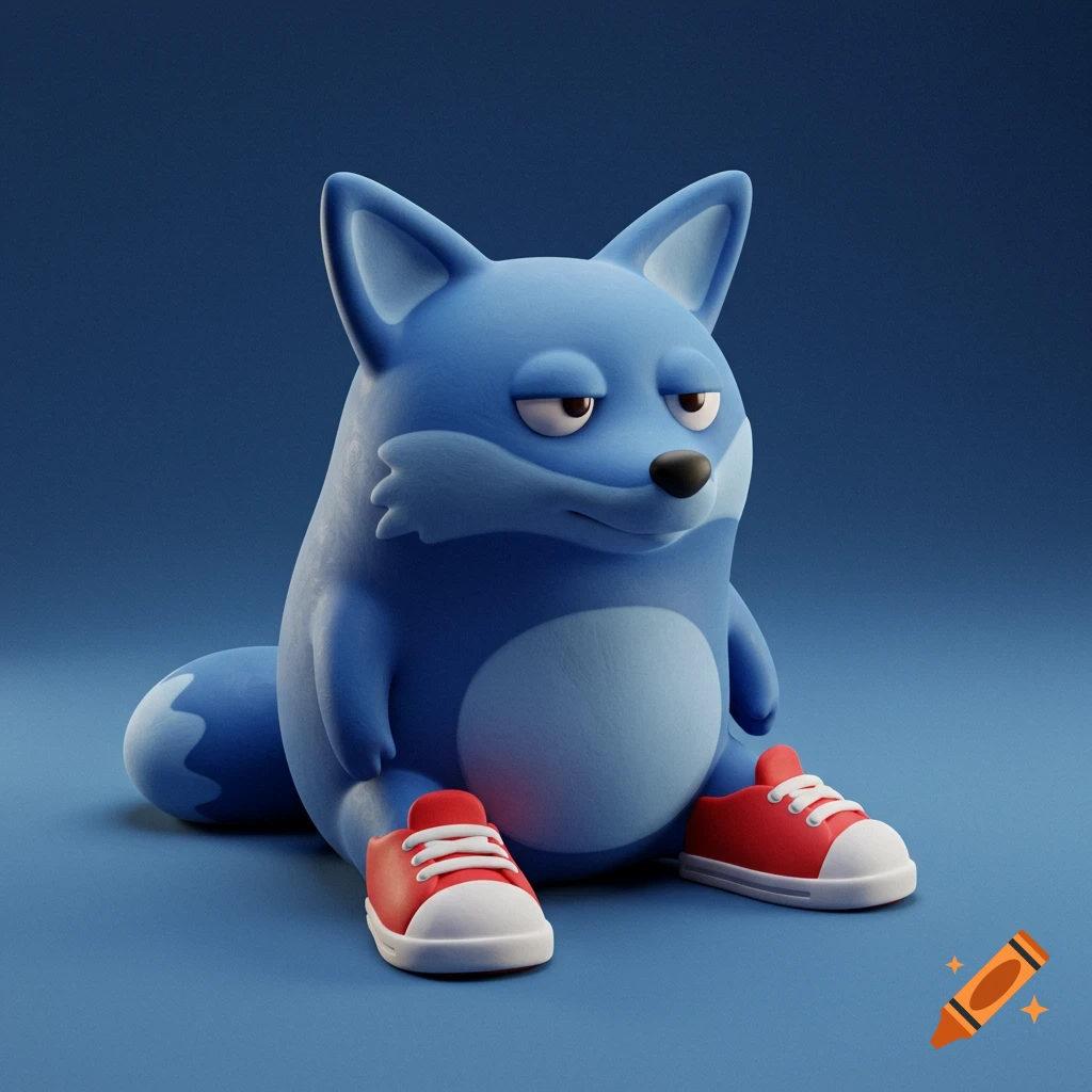 A plump, stylized blue fox character with a grumpy expression, sitting and wearing red sneakers on a blue background.