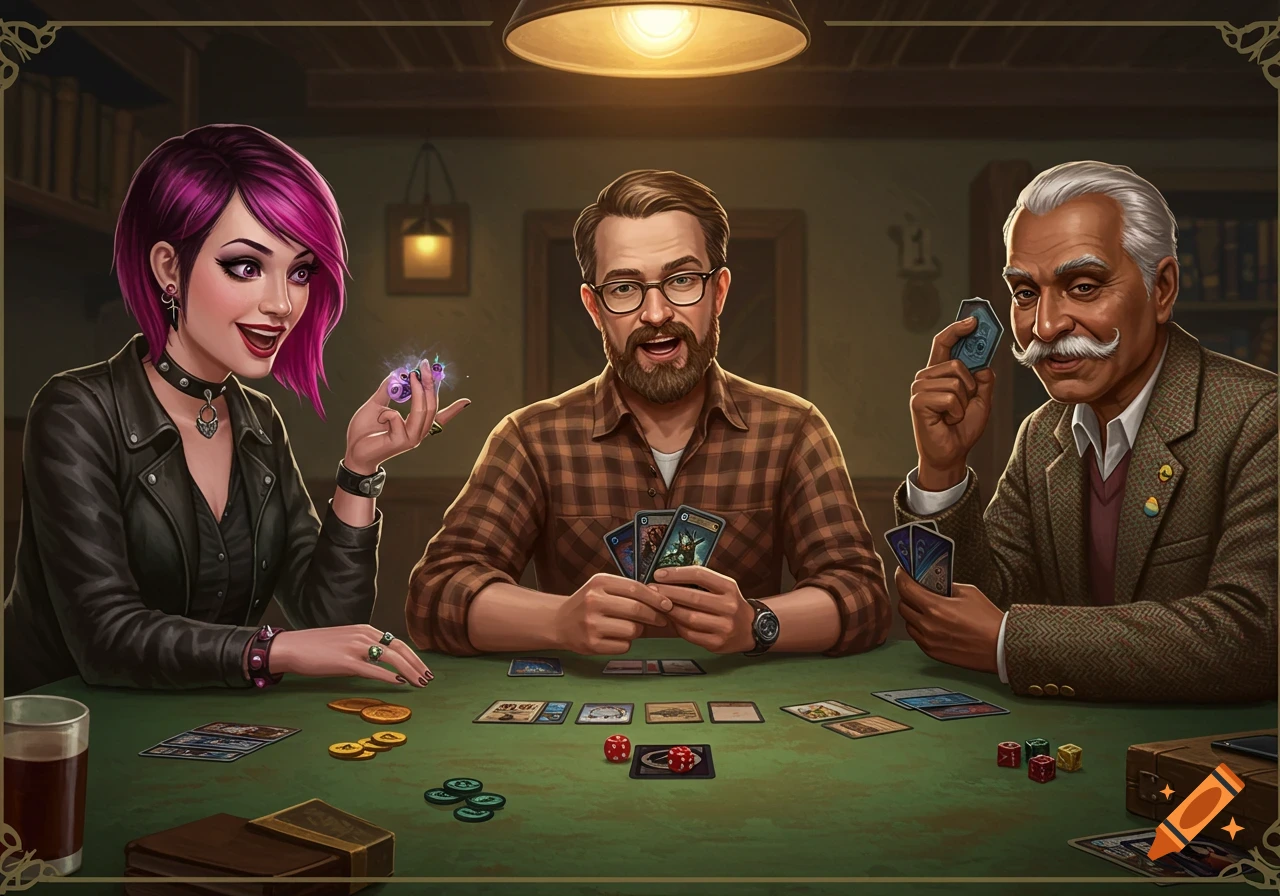 Three friends, including a pink-haired woman, a bearded man, and an older man, playing a fantasy card game at a green table, depicted in a digital art style.