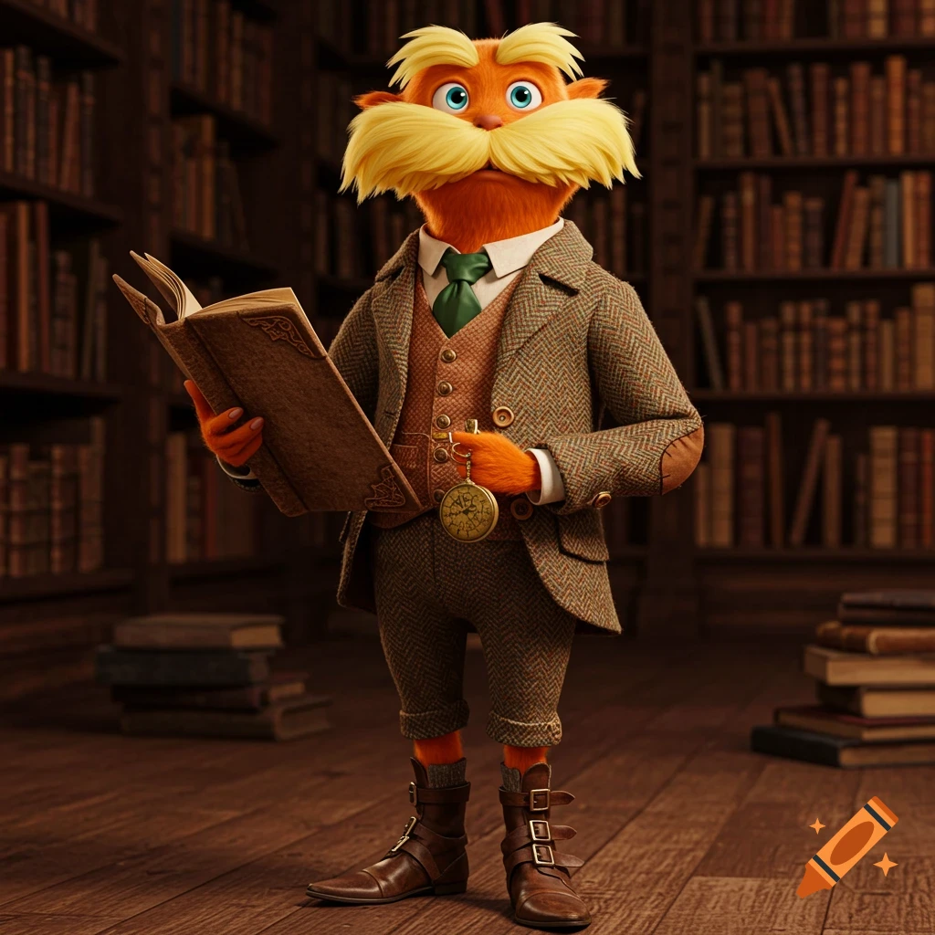 The Lorax character, dressed in a tweed suit, vest, and tie, stands in a dimly lit library holding an open book and a pocket watch.
