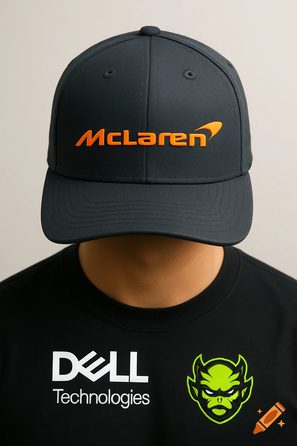 A close-up, photorealistic shot of a person wearing a dark cap with an orange McLaren logo and a black t-shirt with white Dell Technologies text and a green monster logo.