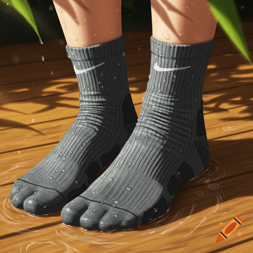 Two feet wearing wet grey Nike socks with water droplets, standing on a wet wooden deck with dappled sunlight.