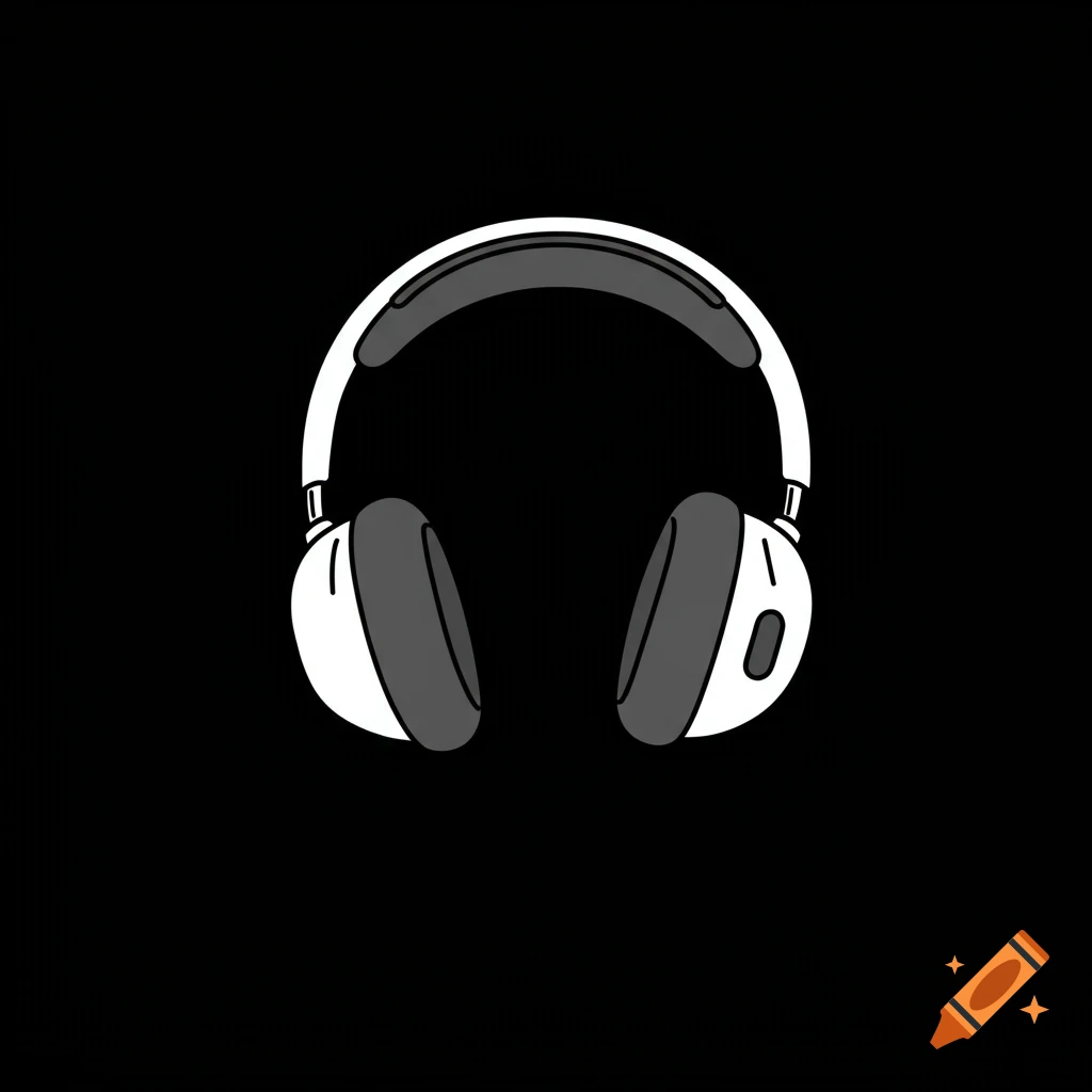 White and grey over-ear headphones in a cartoonish, minimal clip-art style on a black background.