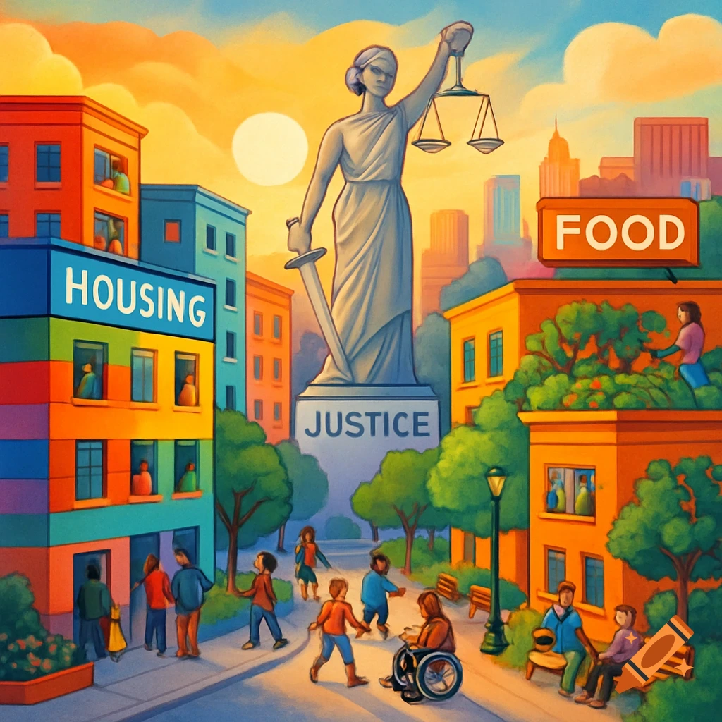 A vibrant illustration of a city with buildings labeled "HOUSING" and "FOOD." A large statue of Lady Justice stands prominently, surrounded by diverse people on a street.