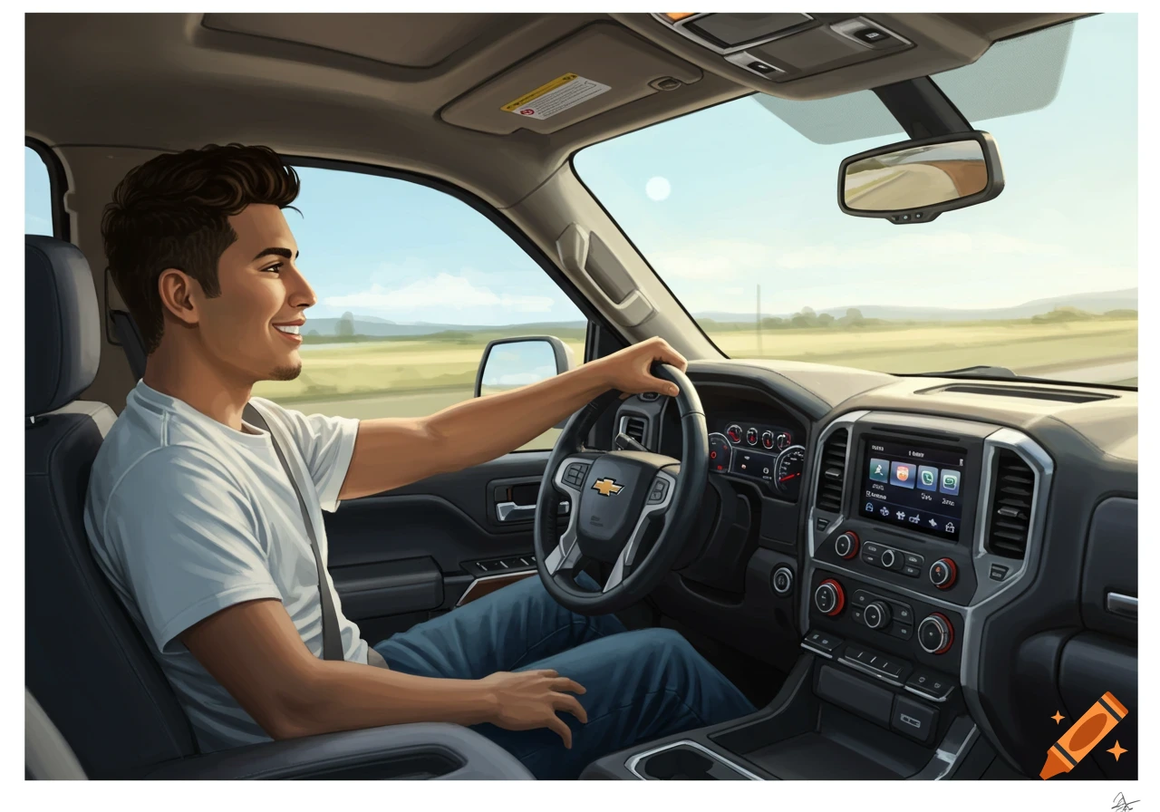 An illustration of a young Hispanic man smiling while driving a new Chevrolet Silverado truck on a sunny day.