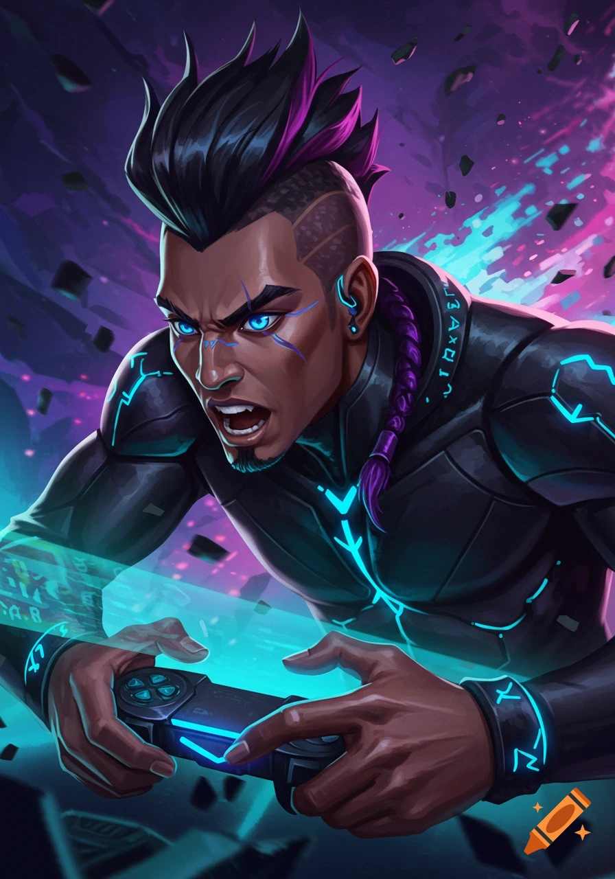A stylized male character with glowing blue eyes and tech clothing intensely plays a video game with a glowing controller amidst neon lights.