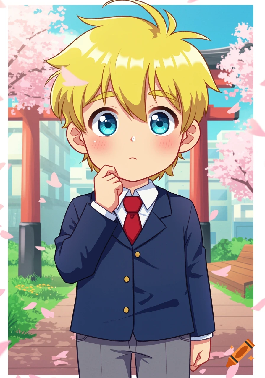 Anime boy with blonde hair and blue eyes, wearing a school uniform, pondering amidst falling cherry blossoms near a torii gate.