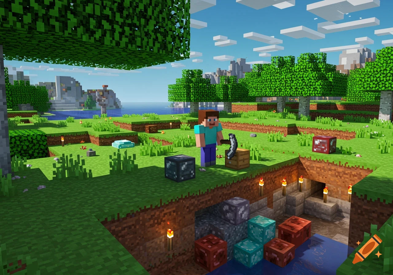 Steve stands in a blocky Minecraft landscape with trees, grass, a lake, and an open mine, holding a pickaxe.