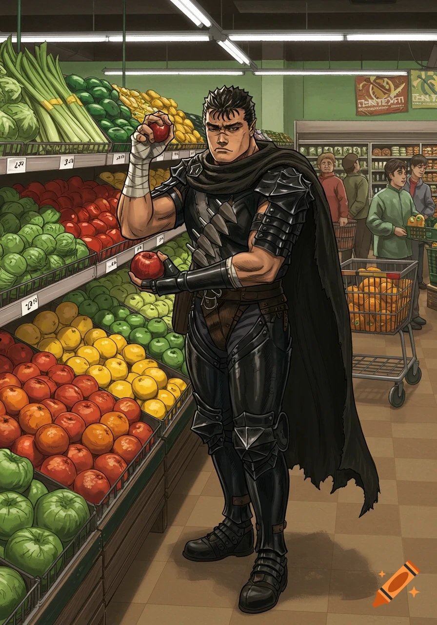 Guts from Berserk, dressed in armor, stands in a grocery store aisle holding two red apples, with shelves of colorful produce behind him.