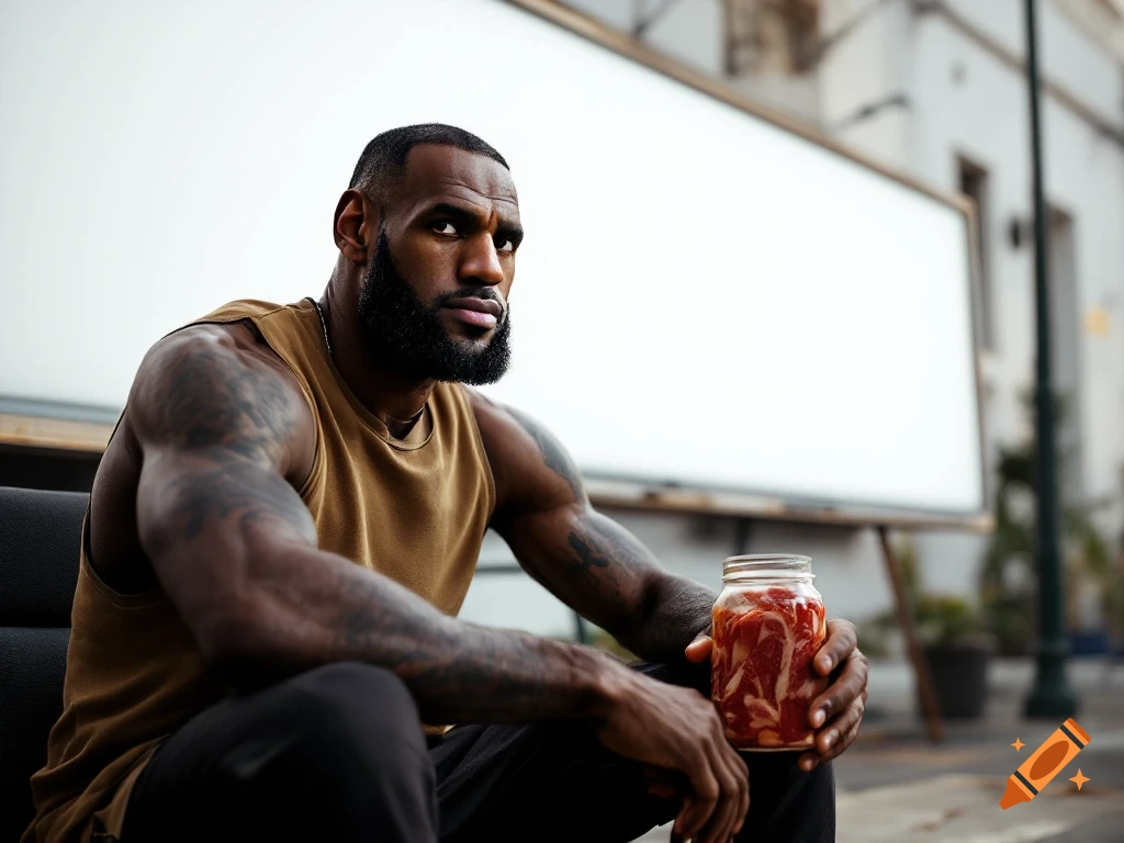 LeBron James, a man with a beard, sits outdoors holding a jar of meat, with a blank billboard in the background. Photorealistic.