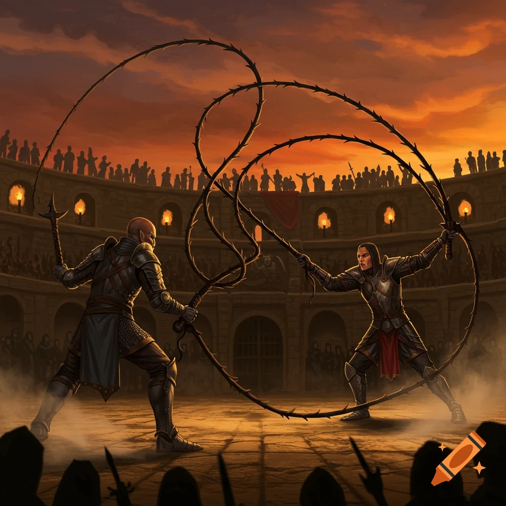 Two armored warriors duel with thorny whips in a coliseum at sunset, watched by a large audience.