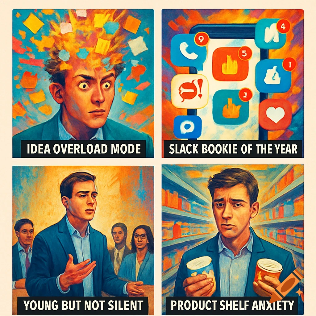 A four-panel comic-style image depicting common office and life anxieties. Panels show 'Idea Overload Mode', 'Slack Bookie of the Year', 'Young but Not Silent', and 'Product Shelf Anxiety'.