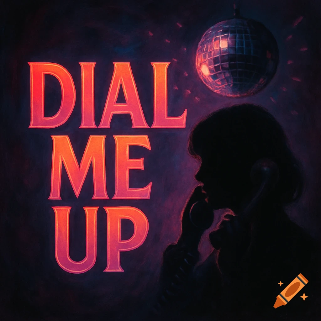 Neon red text 'DIAL ME UP' with a silhouette of a person holding a phone and a disco ball in a dark, moody, disco-themed setting.