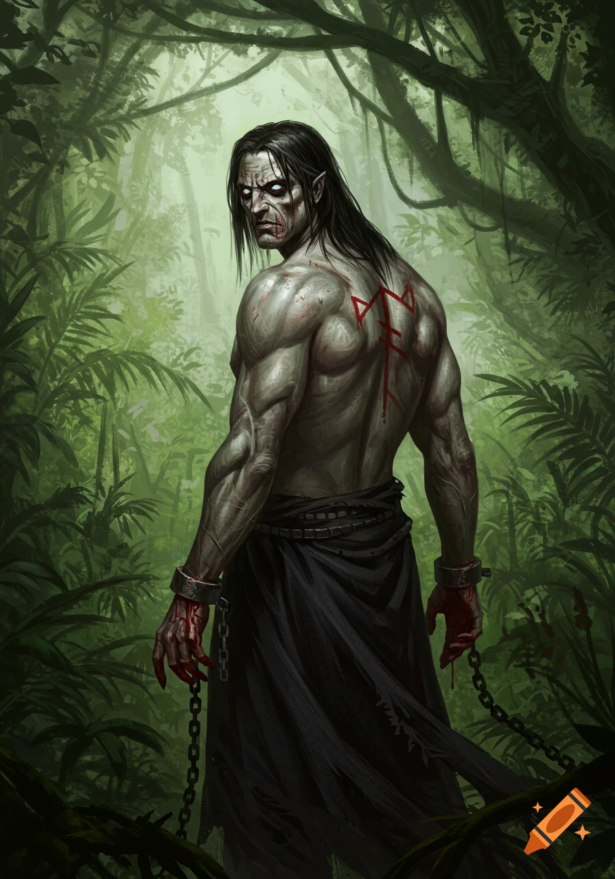 An intimidating, muscular, pale-skinned man with long black hair, a red runic symbol on his back, and bloody chained wrists, stands in a dark fantasy jungle.