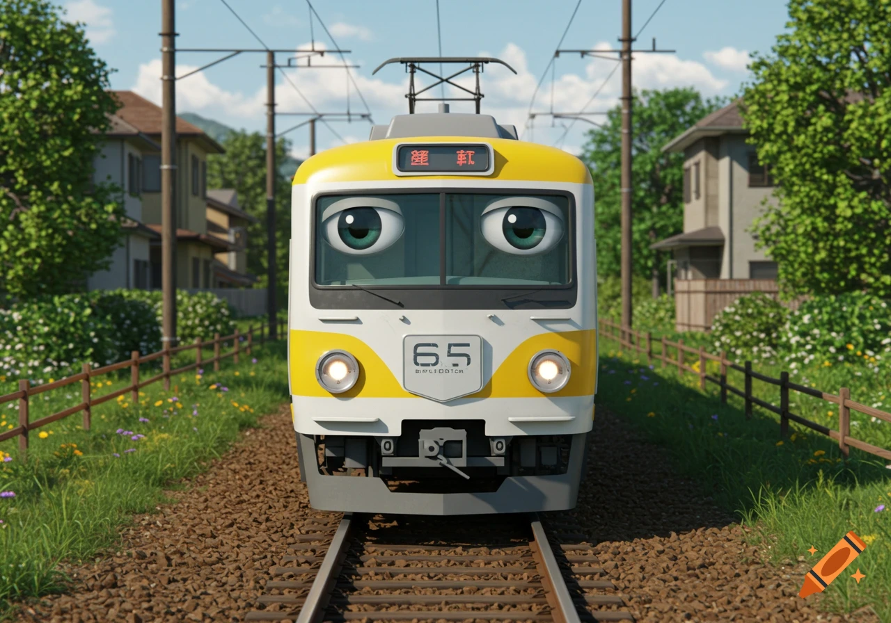 A cartoon-style yellow and white electric suburban train with large bug-like eyes on its front, on railway tracks in a countryside setting.
