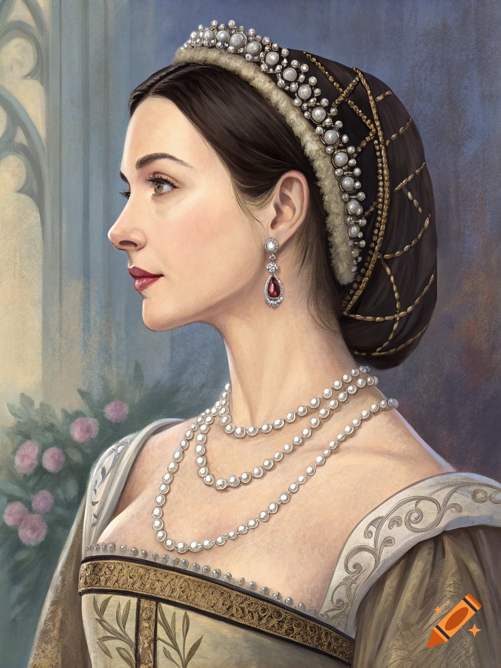 Painted portrait of a woman resembling Anne Boleyn in profile, wearing pearls and a French hood.