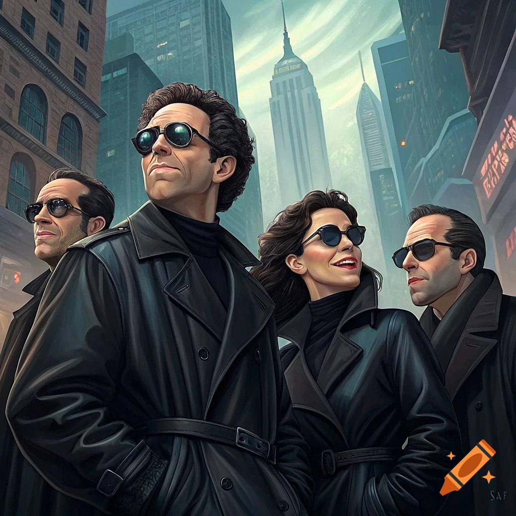 Stylized illustration of Seinfeld characters dressed like they are in The Matrix, wearing black trench coats and sunglasses in a dark city.