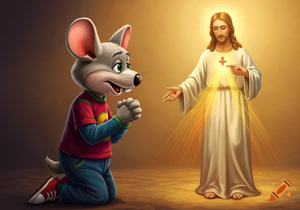 Chuck E. Cheese kneels in prayer before Jesus Christ, bathed in a golden glow, in a vibrant cartoon illustration.