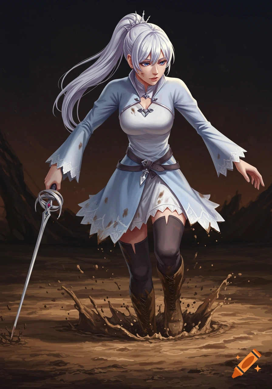 Anime-style fantasy character with long white hair in a muddy landscape, stepping into mud while holding a sword.