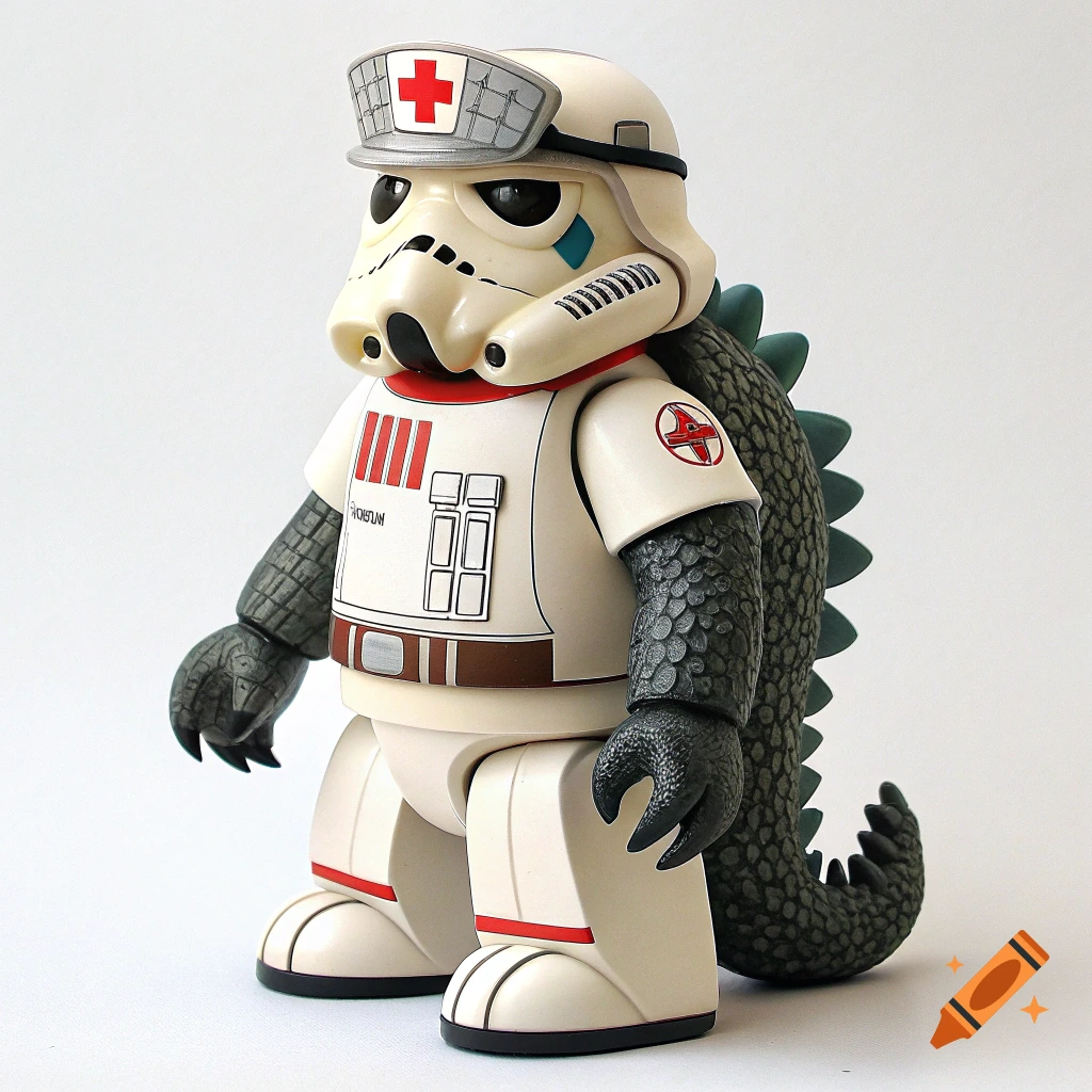 A white Stormtrooper/Godzilla hybrid toy wearing a nurse's cap with a red cross, standing on a white background.