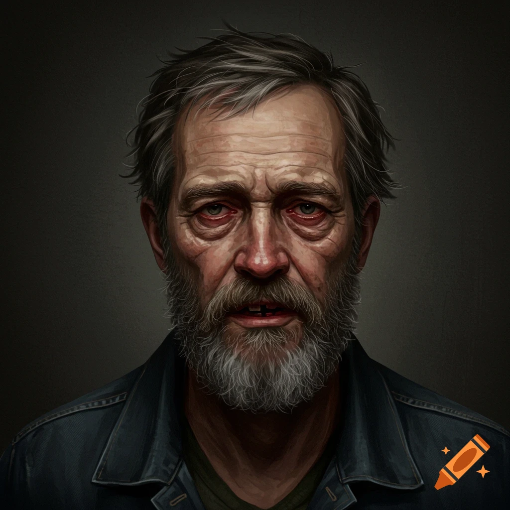 A detailed portrait of an older, bearded man with red eyes and damaged teeth, rendered in a realistic, painted style.