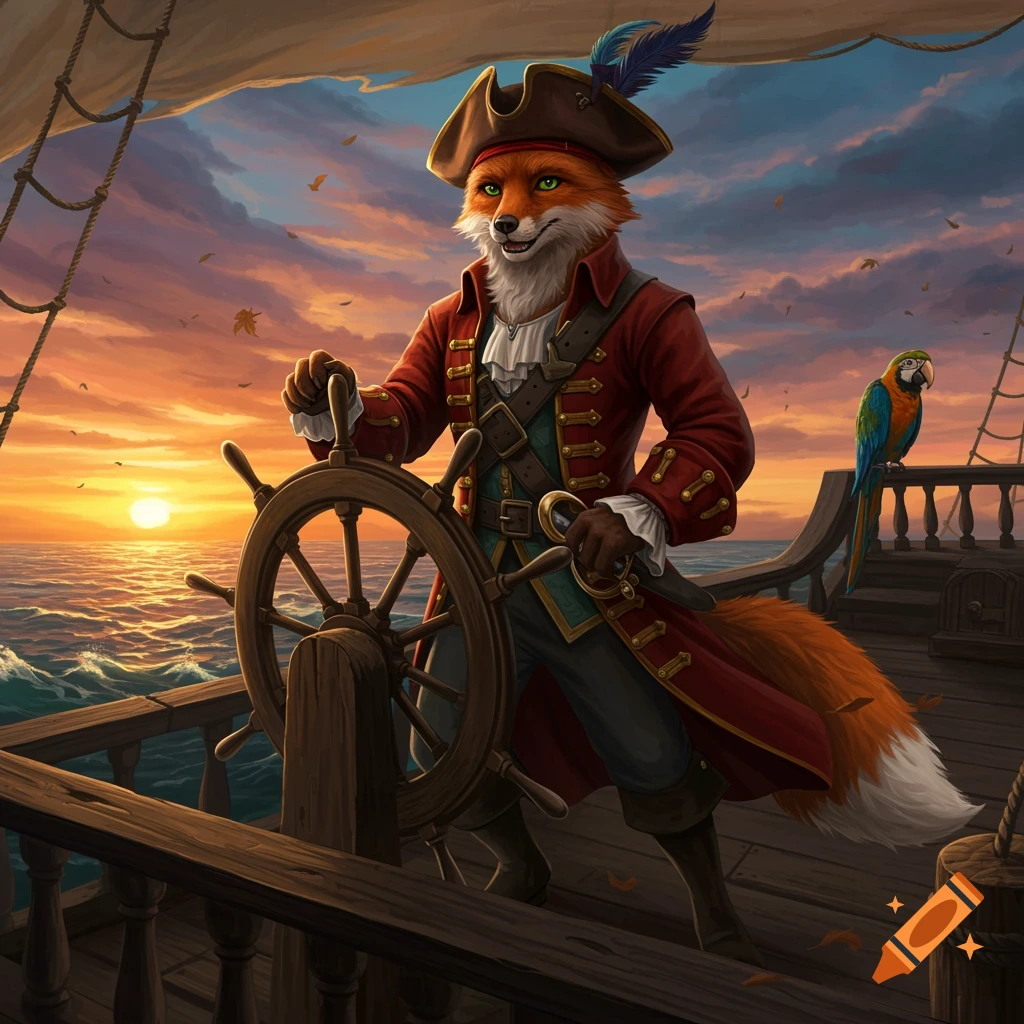 A majestic anthropomorphic fox pirate steers a ship at sunset, a colorful parrot perched nearby.