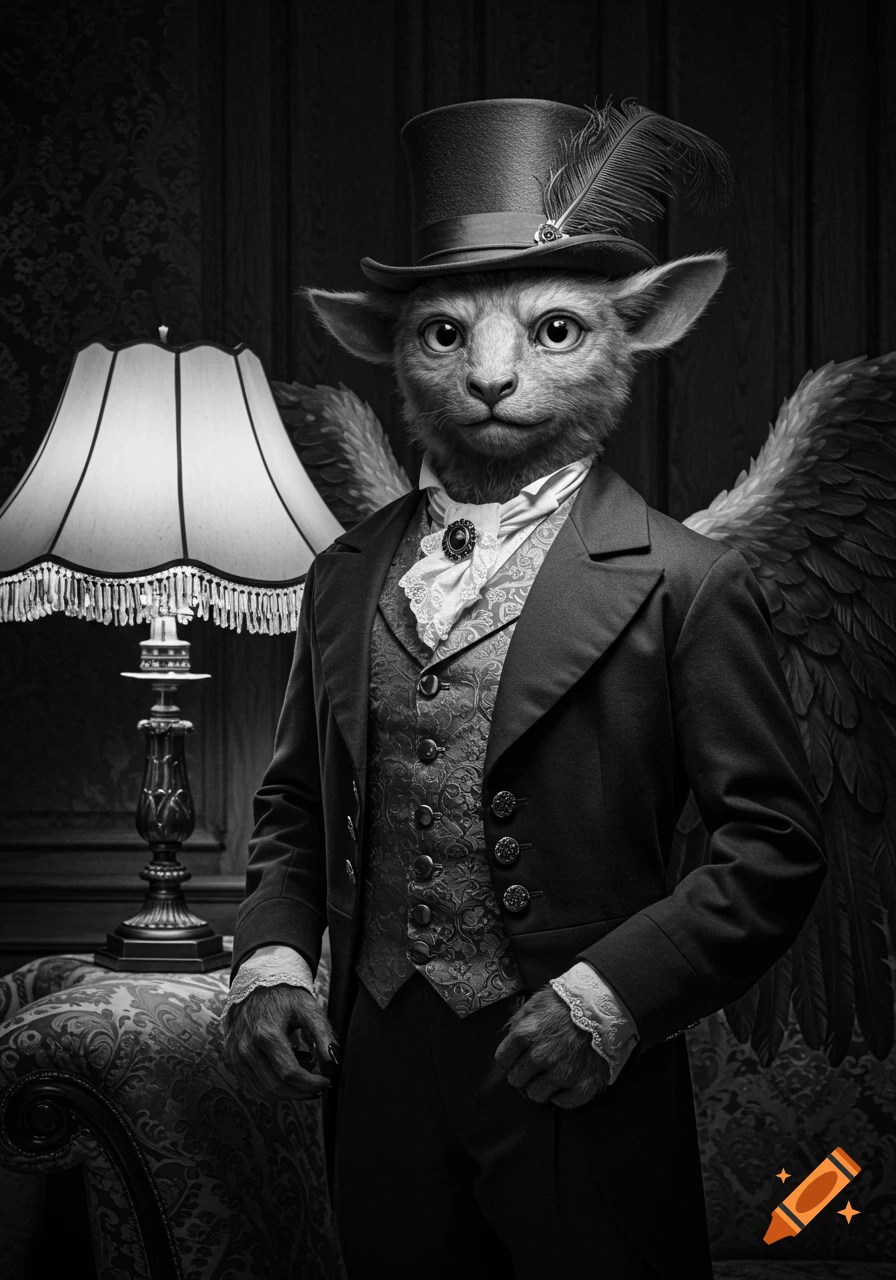 A black and white image of a winged, cat-like mythical creature in a formal Victorian suit and top hat, standing next to a lamp.