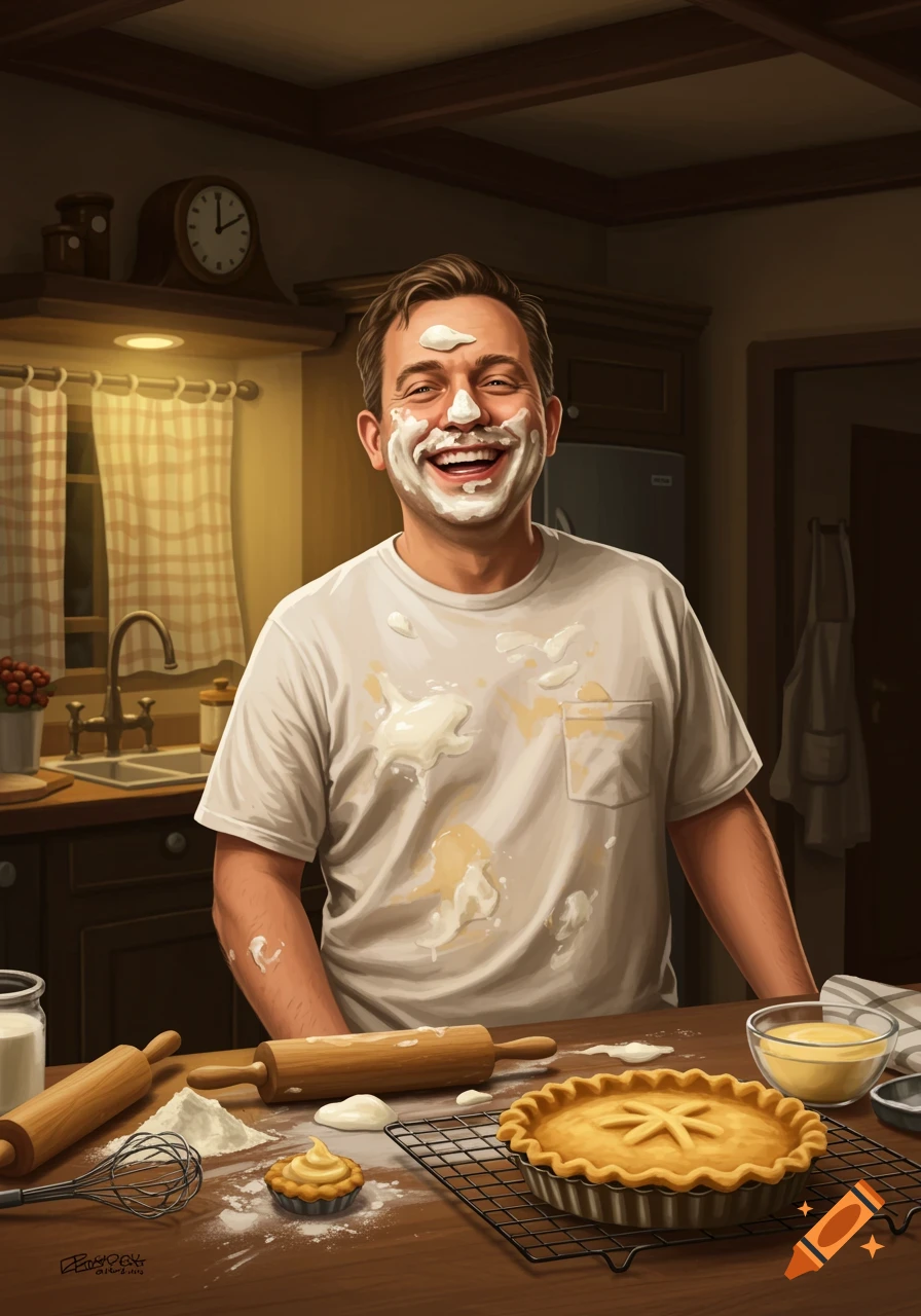 A smiling man covered in whipped cream and flour stands in a kitchen with a baked pie and baking tools on the counter.