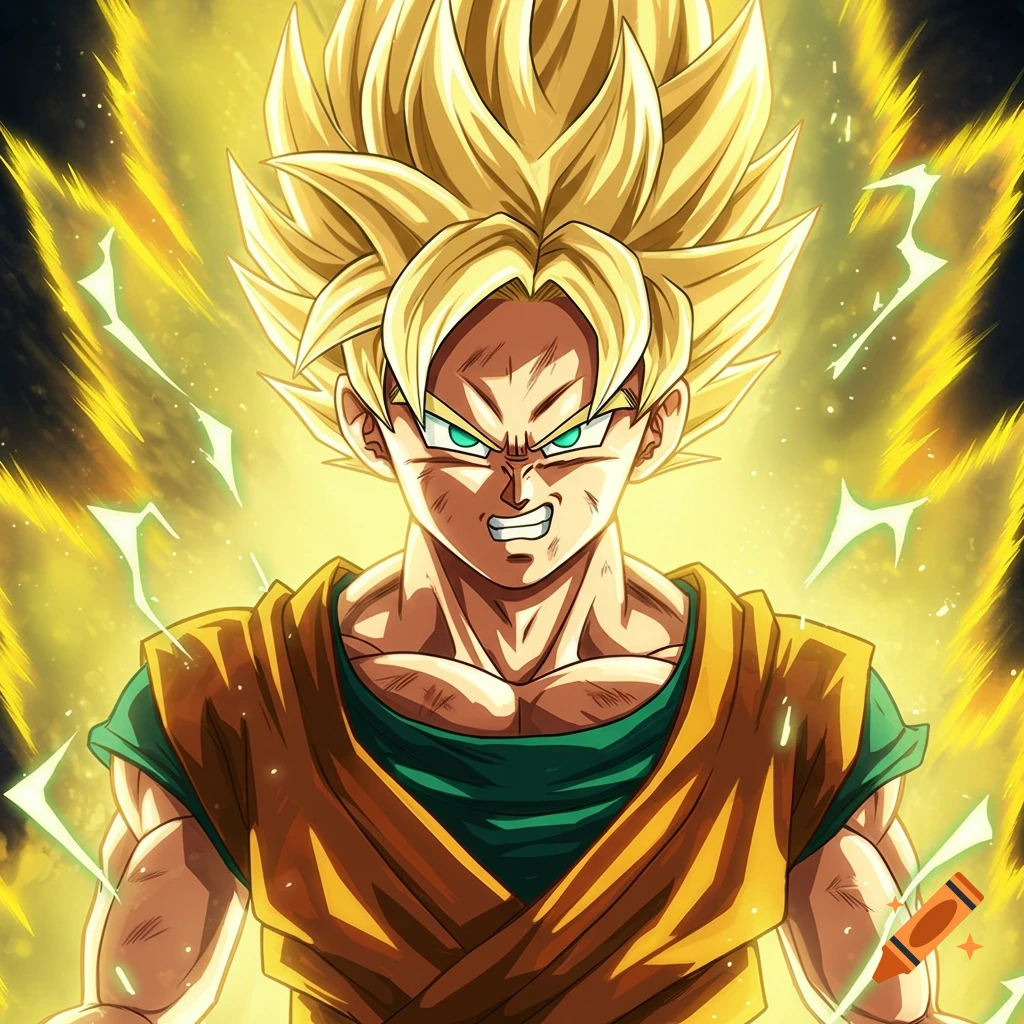Anime character with spiky blonde hair and green eyes, radiating yellow energy, with an angry expression.