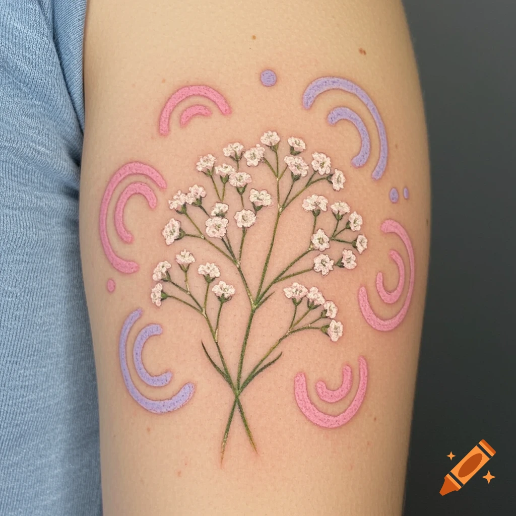 A crayon-style tattoo of white gypsophila flowers with pink and lavender swirls on an upper arm.