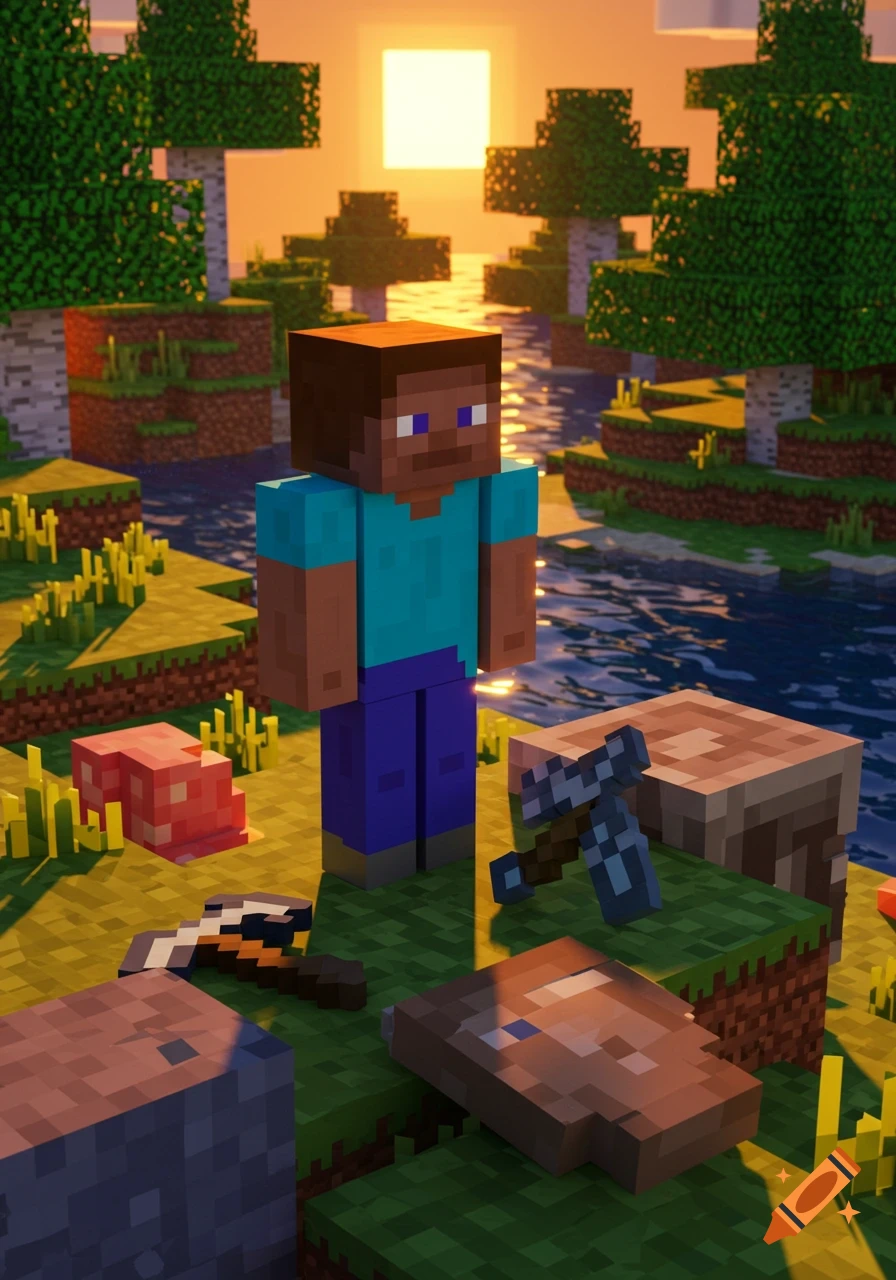 Steve from Minecraft stands in a blocky landscape with a river, trees, and sunset in the background.