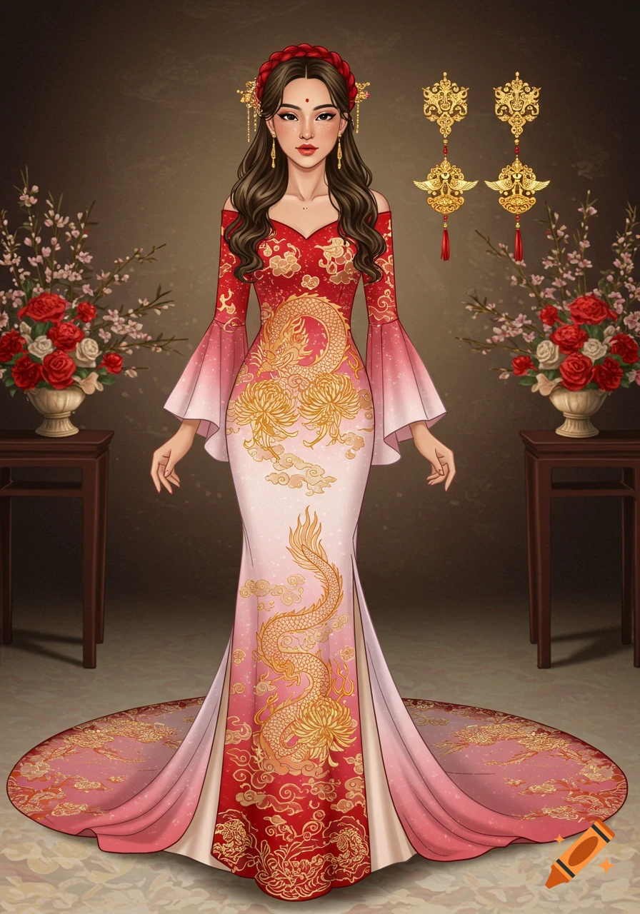A woman in a red and pink ombre Áo Dài-inspired gown with gold dragon and floral embroidery. She has dark hair styled with a red braided headband, standing in a room with floral arrangements.