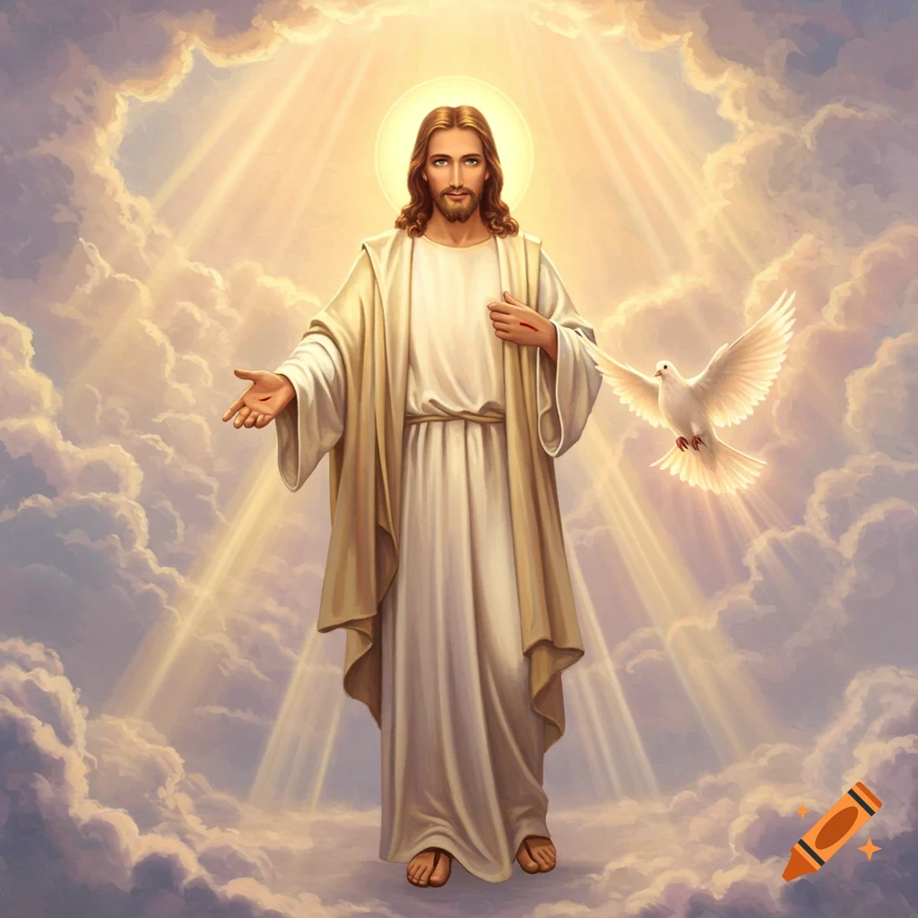 An ethereal painting of Jesus Christ standing in glowing clouds with rays of light, a white dove flying beside him.