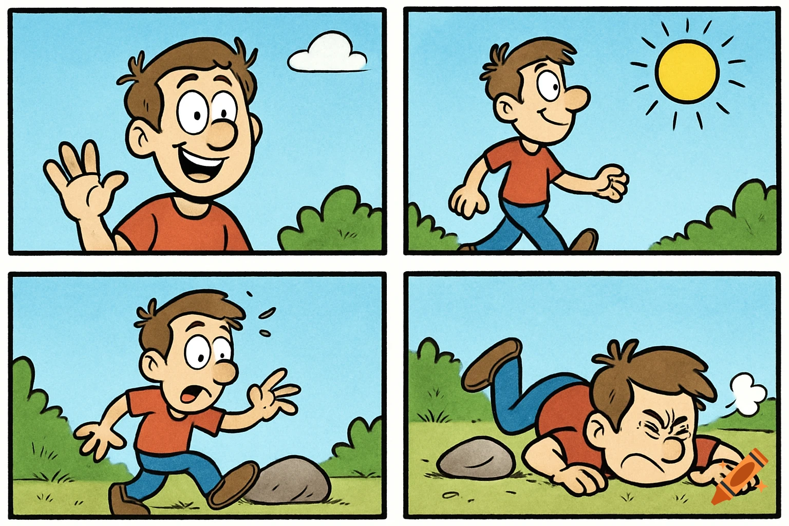 A four-panel cartoon comic strip showing a man happily walking, then tripping on a rock and falling to the ground in pain.