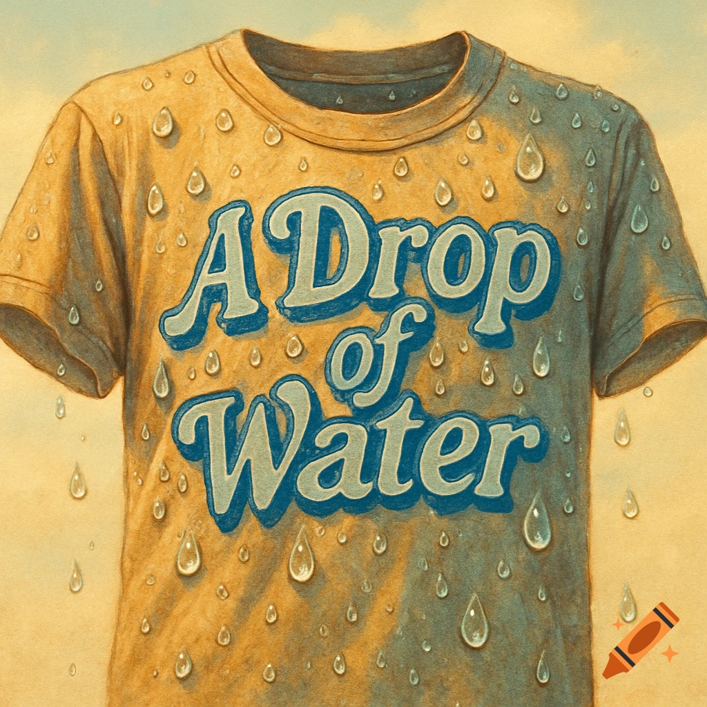 A vintage-style t-shirt covered in water drops, with the text "A Drop of Water" in blue and white lettering on the front.