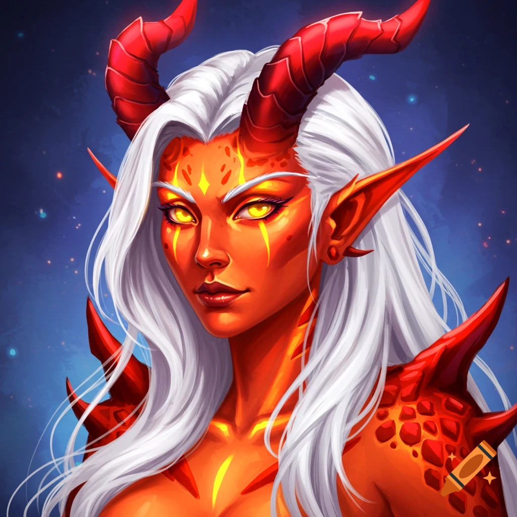 Stylized portrait of a female dragonborn-elf hybrid with neon orange skin, white hair, red horns, and glowing yellow eyes.