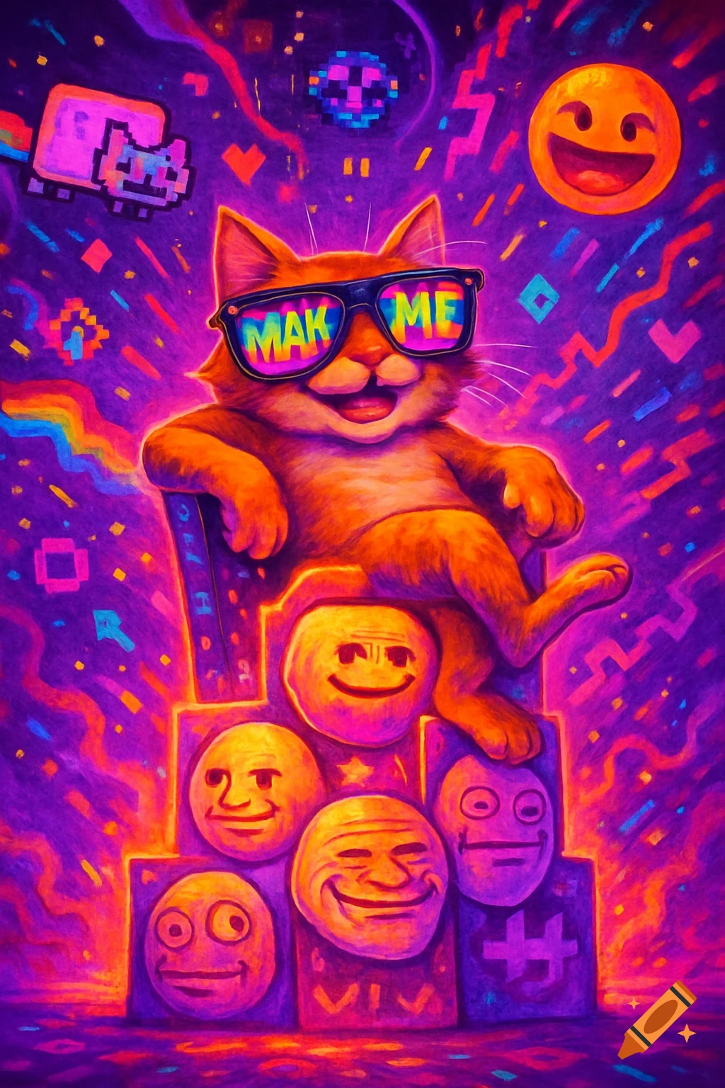 A cartoon cat wearing sunglasses that read 'MAK ME' sits on a throne of meme faces amidst vibrant pixel art and psychedelic patterns.