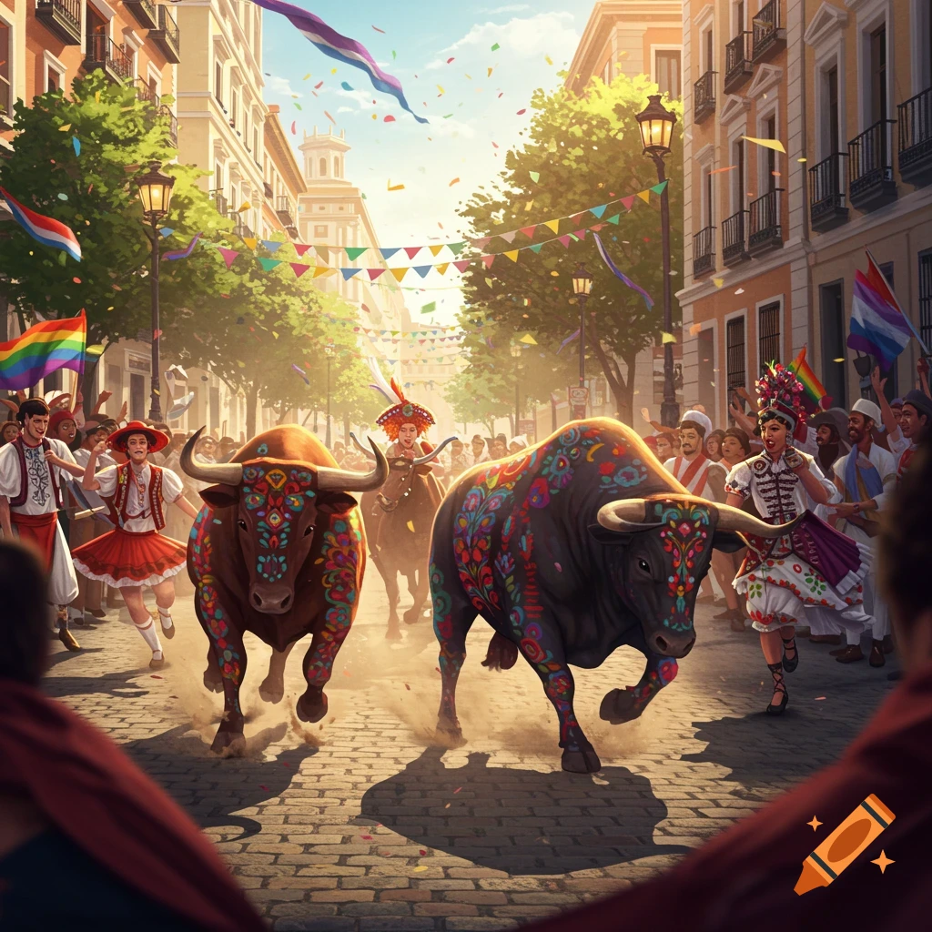 A vibrant street festival with two colorfully decorated bulls running down a cobblestone street lined with cheering crowds and buildings under a sunny sky.