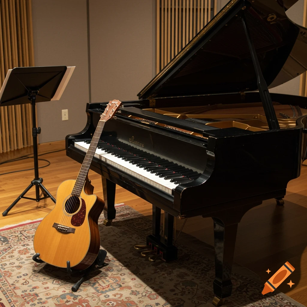 An acoustic guitar stands next to a grand piano in a music recording studio.