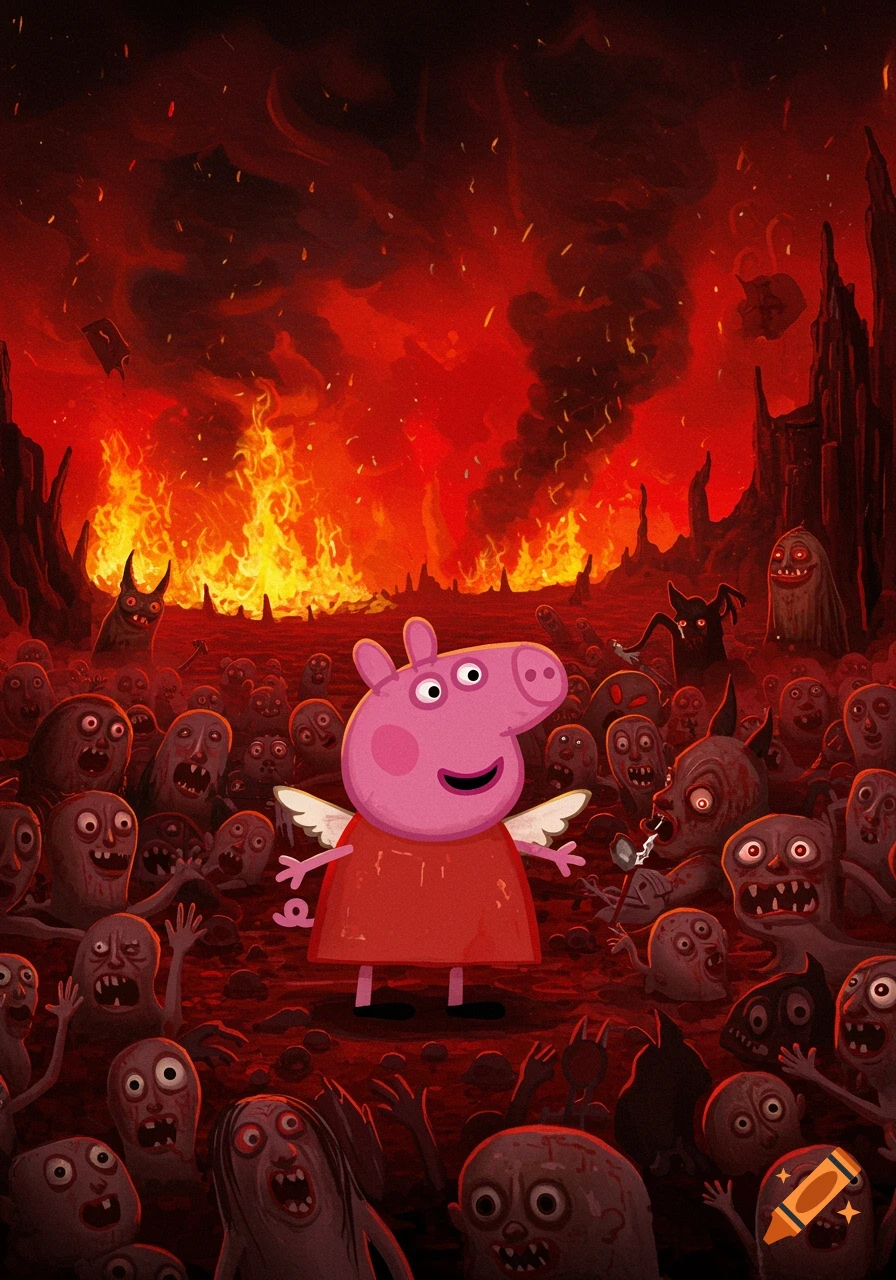 Peppa Pig with small wings stands smiling amidst a fiery, hellish landscape filled with grotesque, screaming zombie figures in a stylized illustration.