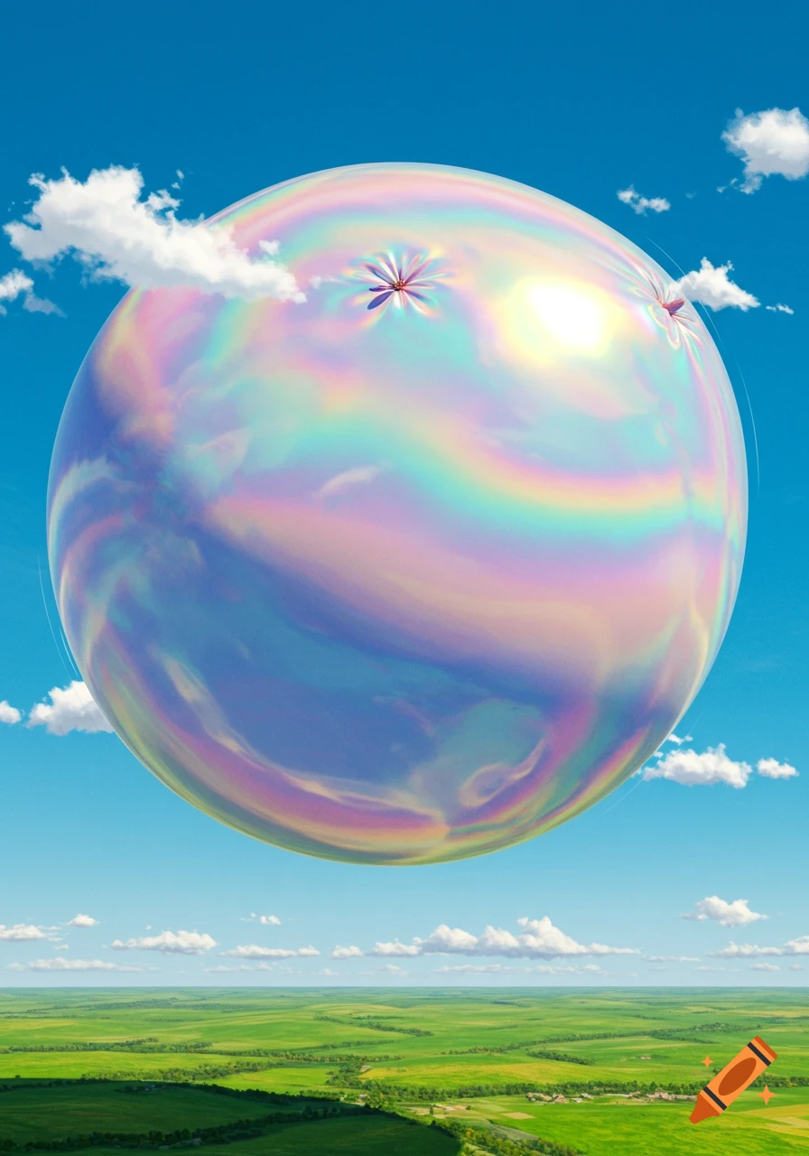 A large, iridescent, bubble-like sphere floats high in a blue sky over a vast green landscape.