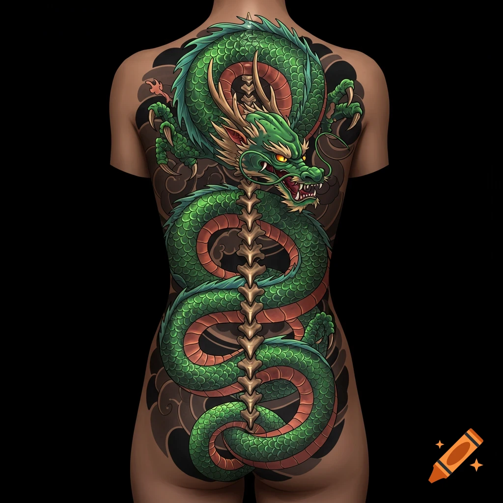 A vibrant green dragon tattoo with an integrated skeletal spine design covers a person's entire back.