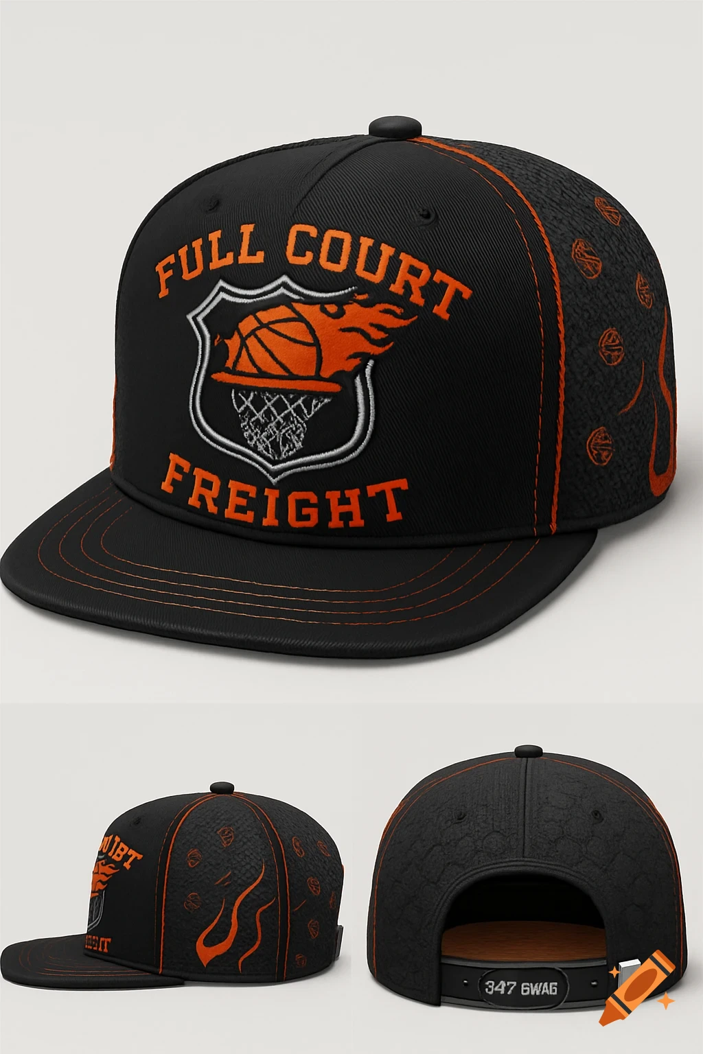 Black baseball cap with orange 'FULL COURT FREIGHT' text and a flaming basketball logo. Features textured side panels and a back view showing the strap.