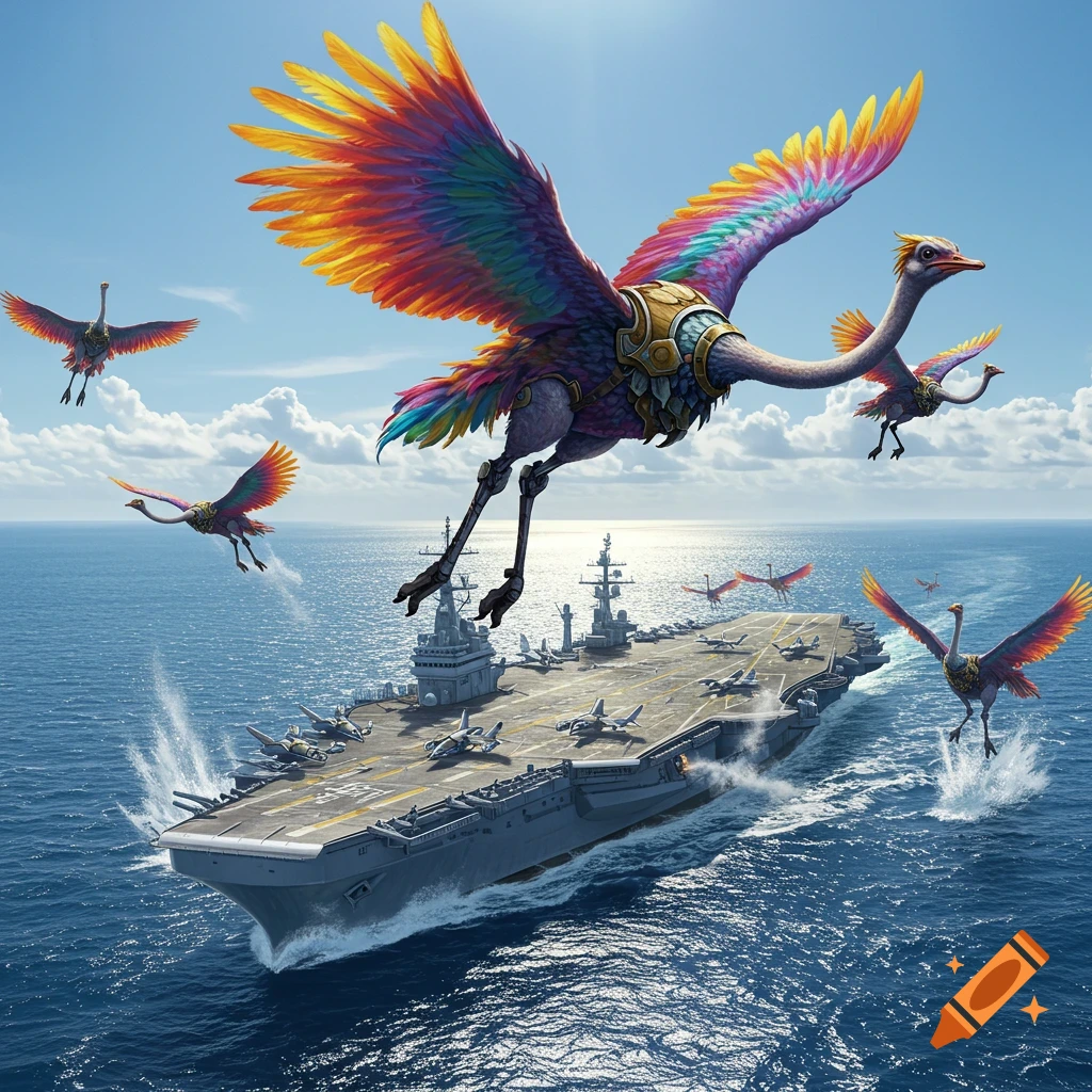 Vibrant, armored flying ostriches ascend and descend over an aircraft carrier on the blue ocean under a bright sky.